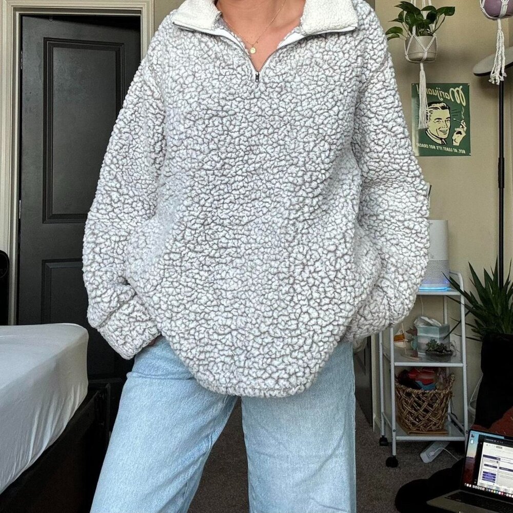 grey and white fleece lined sherpa zip up oversized sweatshirt